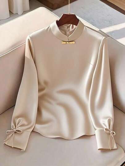 GlowEve 纯色中式领蝴蝶结优雅中国风女式衬衫