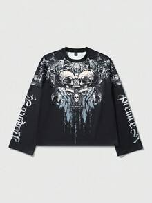 ROMWE MEN Goth Men Long Sleeve Shirt, Featuring Skull Totem & Intricate Floral Patterns Perfect For Stylish Men, Fall