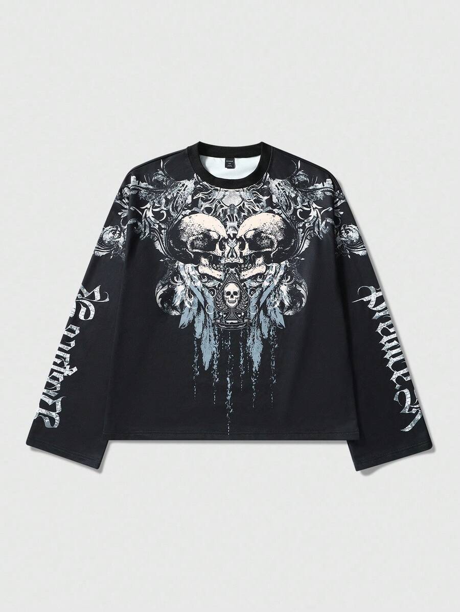 ROMWE MEN Goth Men Long Sleeve Shirt, Featuring Skull Totem & Intricate Floral Patterns Perfect For Stylish Men, Fall