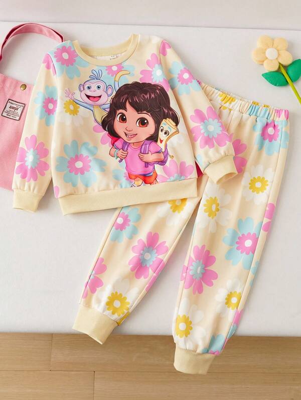 DORA | SHEIN 2pcs/Set Young Girl Cute Cartoon Colorful Floral Print Crew Neck Long Sleeve Sweatshirt And Sweatpants Outdoor Sports Casual Outfit