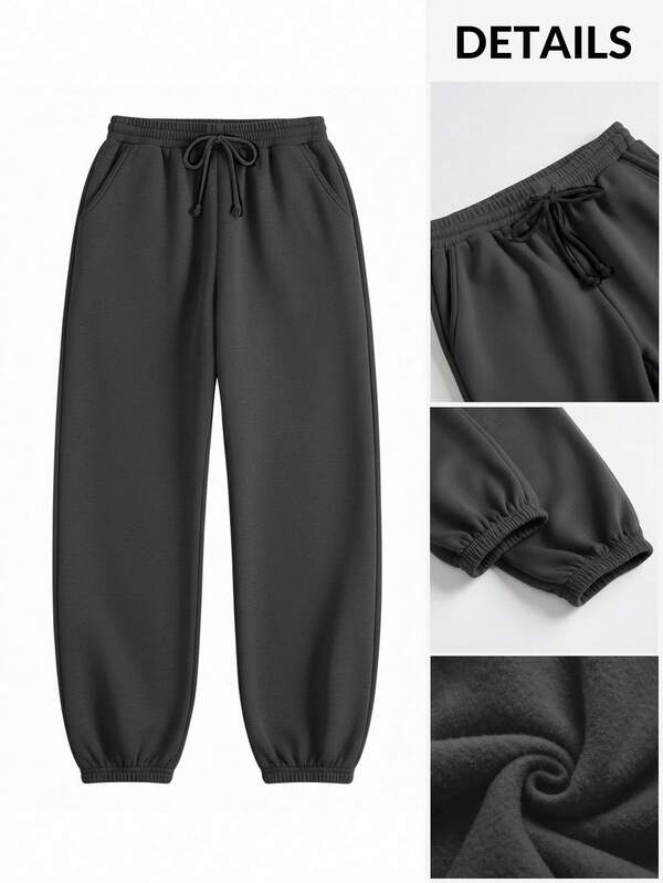 SHEIN BASICS Casual Loose Pockets Solid Color Knitted Thermal Lined Women's Pants, Suitable For Outdoor Autumn/Winter