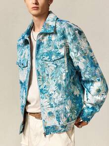 Casual 男士花卉提花长袖拉链休闲翻领夹克，秋季 - 藍色 - 查看 5