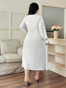 Modelyn Váy cài nút phía trước màu trơn thường ngày cỡ lớn - trắng - Xem 2