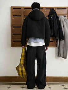 TOKVUE Áo khoác nam màu trơn đơn giản, có mũ trùm đầu, đi làm hàng ngày, mùa đông - màu đen - Xem 2