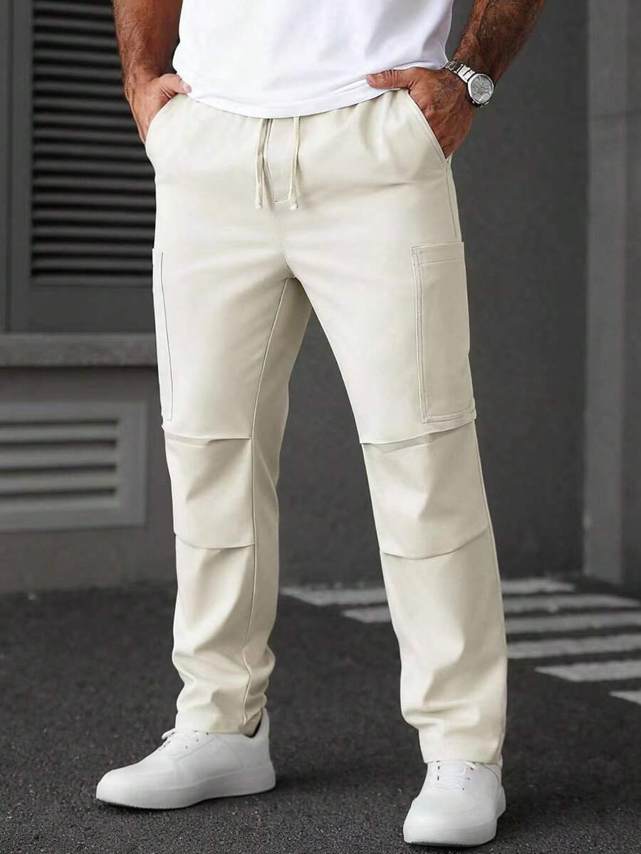 Manfinity CasualCool 男士纯色休闲裤男士工装运动裤,街头潮流抽绳奶油色裤子慢跑裤,秋季 - 米色 - 查看 1