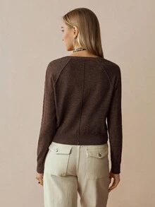 Florisole Pull vintage tricoté, pull ample et décontracté pour femme avec boutons, automne/hiver - Marron - Voir 2