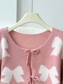 SHEIN 青少年女孩寬鬆休閒極簡舒適圓領套頭蝴蝶結裝飾長袖針織衫 秋冬服飾 - 紅色 - 查看 4