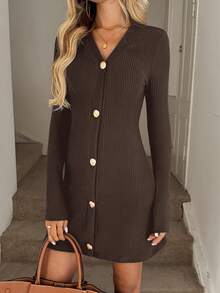 Easowa Casual Fuzzy Ribbed Bodycon A-Line Long Sleeve Black Mini Dress For Women, Autumn/Winter - Coffee - View 4