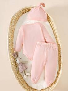 SHEIN 3件套新生儿可爱猫脸印花长袖连体衣、裤子+帽子套装，适合各种场合，春秋冬季皆可穿着