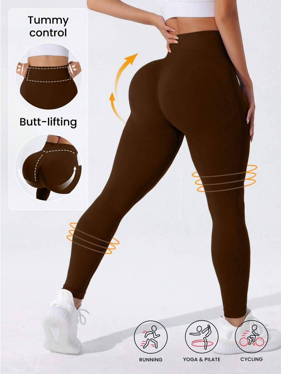 Rhythm Era 无缝高弹力运动健身紧身裤，黑色紧身瑜伽裤 - 咖啡棕 - 查看 1