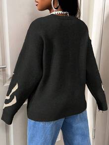 BamGleam Suéter de Tricô Casual Solto Feminino com Bloco de Cores, Inverno - Preto - Visão 2