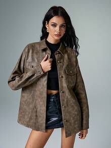 Poéselle Women's PU Leather Button Front Pockets Solid Color Belted Long Sleeve Regular Coat Fall - Chocolate Brown - View 6