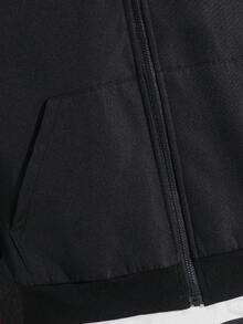 SHEIN 儿童/青少年男童休闲皮革贴片连帽拉链厚针织夹克，红色和黑色，适合通勤、上学、日常、度假、运动、春季、夏季、秋季、冬季 - 黑色 - 查看 6