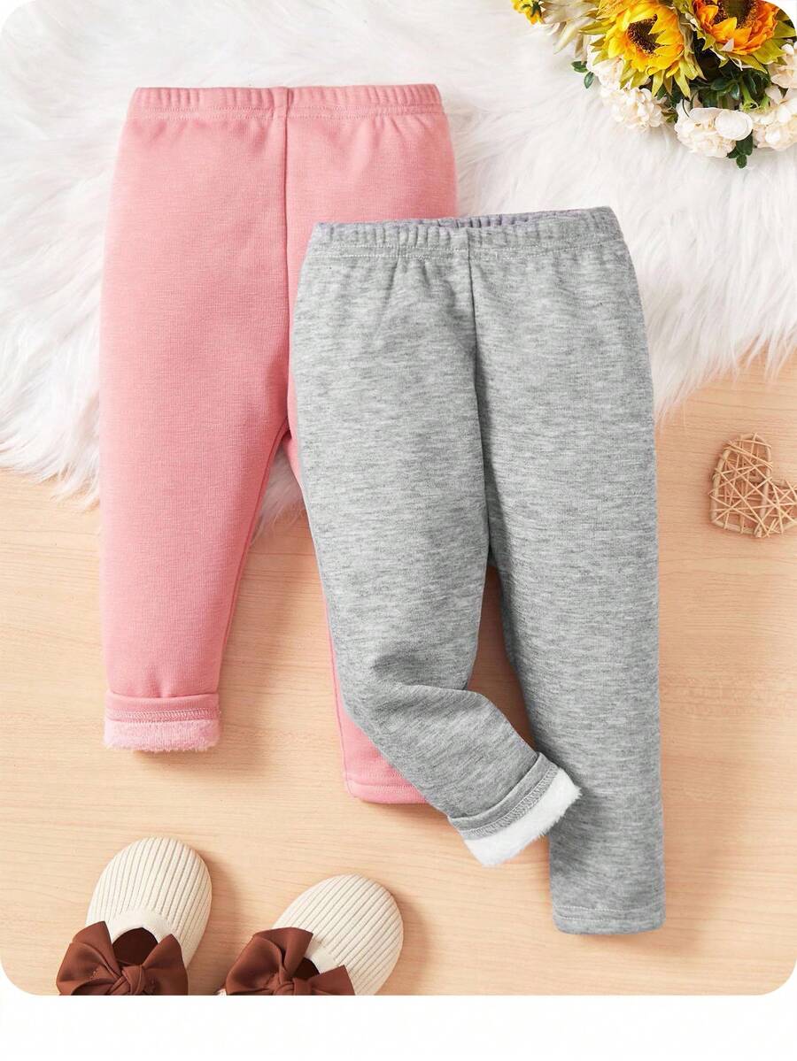 女嬰2入組素色加絨內裏緊身打底褲 - 彩色 - 查看 1