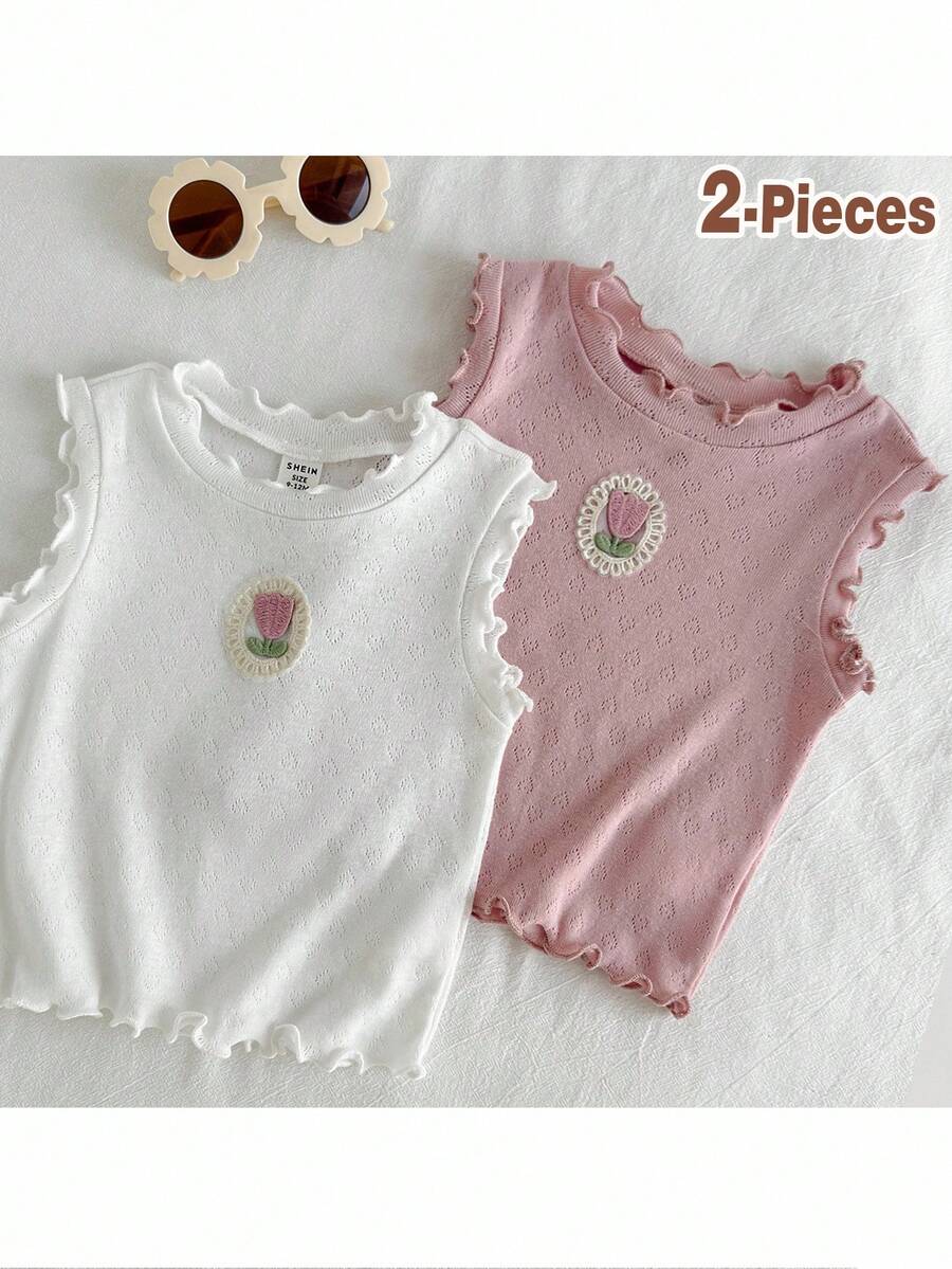 Loomiva Baby Girl Cute Cartoon Floral Pattern Knitted Soft Crew Neck Sleeveless 2pcs Top Set Print