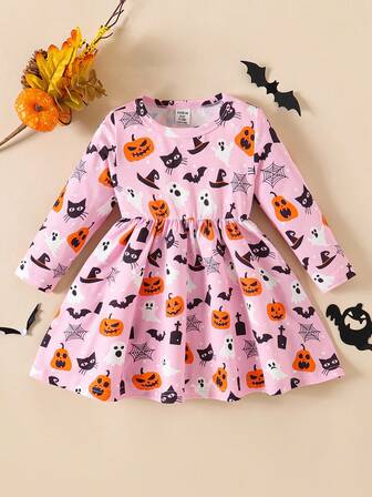SHEIN Perso Play Infant/Baby Girl Cute Ghost & Pumpkin Print Casual Comfortable Long Sleeve Holiday Outfit