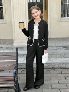 SHEIN 青少年女孩两件套休闲撞色饰边黑色夹克和裤子套装，秋冬套装休闲套装，返校装，优雅装 - 黑色 - 查看 5