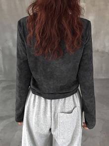 FRIFUL Women's Round Neck Long Sleeve Casual T-Shirt With Drawstring Hem Modest Top Long Sleeve Black Top Long Sleeve Tops Tie Up Top Dark Grey Top - Grey - View 4