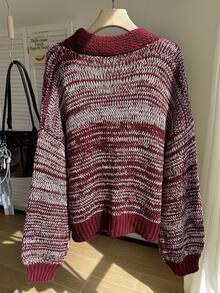 SHEIN EZwear Cárdigan holgado de punto con estampado floral navideño burdeos, para otoño/invierno, talla grande - Multicolor - Ver 3