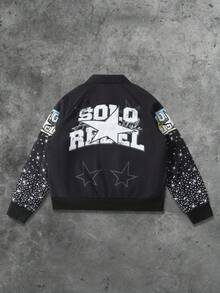 ROMWE MEN Street Life Unisex Street American Motorcycle Rhinestone Effect Lip & Letter Print Jacket, Grunge, Fall - Black - View 2