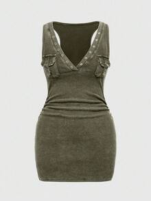 ROMWE Grunge Punk 复古水洗做旧孔眼口袋针织复古低胸黑灰色短袖斑点紧身腰部褶饰紧身迷你连衣裙 - 綠色 - 查看 1