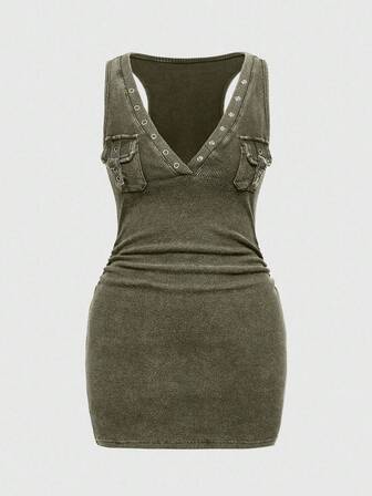 Grunge Punk Vestido mini ajustado con cintura fruncida, de manga corta, de punto, con bolsillo de ojal, lavado vintage y desgastado, en color negro y gris jaspeado