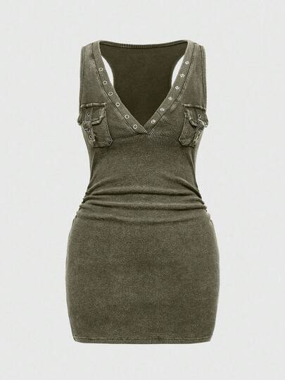 Grunge Punk Vestido mini ajustado con cintura fruncida, de manga corta, de punto, con bolsillo de ojal, lavado vintage y desgastado, en color negro y gris jaspeado