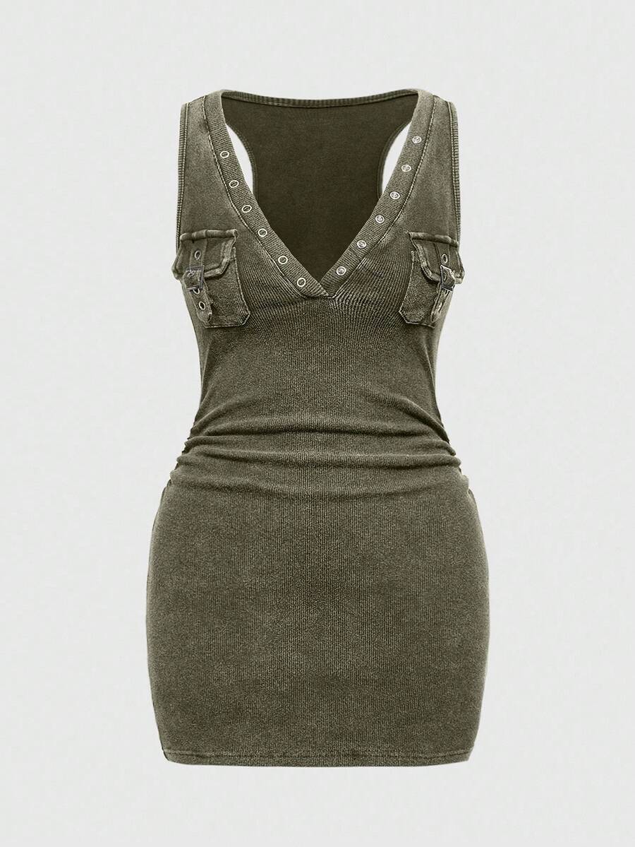 ROMWE Grunge Punk 复古水洗做旧孔眼口袋针织复古低胸黑灰色短袖斑点紧身腰部褶饰紧身迷你连衣裙 - 綠色 - 查看 1