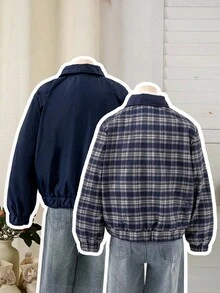 Tween Girl Casual Reversible Embroidered Collar Zip-Up Jacket - Multicolor - View 2