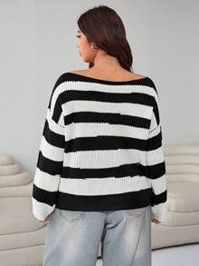 SHEIN EZwear 休闲棉质圆领不对称条纹毛衣，黑白 - 黑與白 - 查看 2