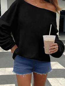 SHEIN EZwear Áo nỉ dài tay rộng rãi, màu đen, hở vai, thường ngày, cỡ lớn, thích hợp cho mùa thu/đông - màu đen - Xem 4