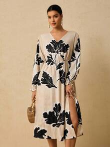 SHEIN VCAY Plus Size Women Floral Print V-Neck Long Sleeve Casual Dress Long Sleeve Summer Dresses Motif Women Dresses Floral Print Dress Women - Apricot - View 6