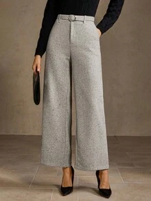 MOTF PREMIUM 斜口袋扣腰带阔腿西装裤 - 灰色 - 查看 8