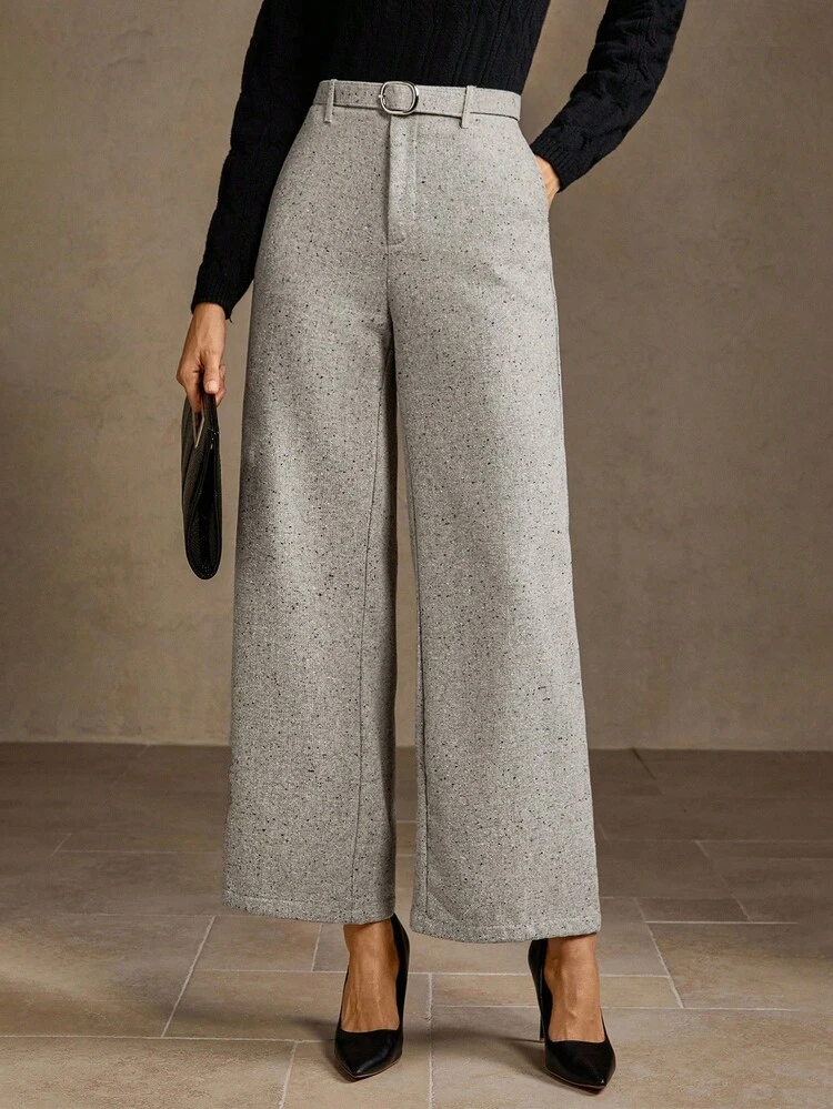 SLANT POCKET BUCKLE BELTED WIDE LEG SUIT PANTS
