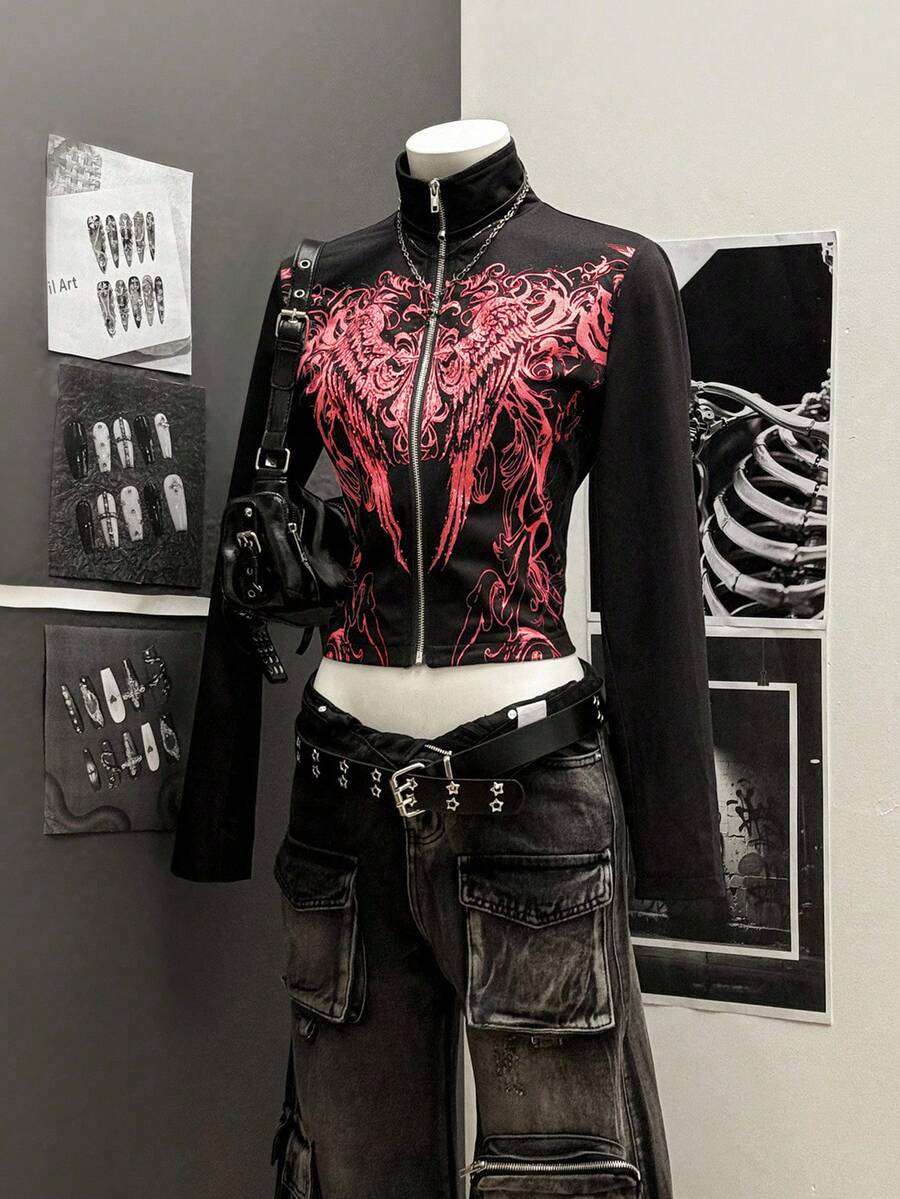 StreetHx Punk Style Wing Print Rhinestone Embellished Women's Lightweight Jacket - Multicolor - View 1