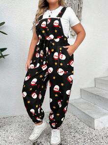 EMERY ROSE Plus Size Women Santa Claus Print Pocket Casual Jumpsuit - Multicolor - View 4