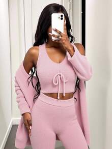 VaVaBold 純色短款針織上衣和前面打結開衫和針織褲 - 粉色 - 查看 4