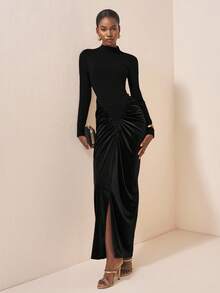 Zivah New Spring/Summer New Arrival Music Festival, Easter, St. Patrick's Day, Western, Nomadic, Birthday Party, Graduation, College, Student, Casual, Daily Wear, Basic, Leisure, Vacation, Cruise, Beach, Sunbathing, Viral , Streetwear, Wedding Guest, Boho, Commute, Brunch, Airport, Y2K, Vintage Ruffle Neck Long Sleeve Waist Splice Velvet Maxi Dress - Brown ,Wedding Guest Dress Women - Black - View 6