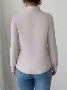 Elenzga 女式纯色长袖单排扣休闲/工作衬衫 - 淺灰色 - 查看 2