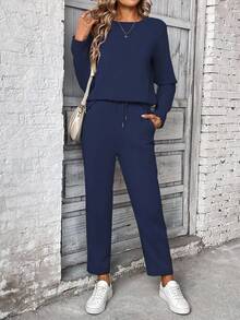 SHEIN PETITE 2pcs Women Long Sleeve Sweatshirt & Pants Set, Pullover Top & Elastic Waist Pants With Drawstring