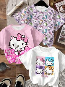SHEIN Hello Kitty and Friends | Modeflare Wear 3pcs/Set Young Girls' Casual Basic Round Neck Short Sleeve T-Shirts, Suitable For Spring/Summer, Family Activities, Parties, Gatherings