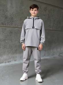 SHEIN Tween Boy 2pcs Set - Zipper Hooded Jacket And Drawstring Pants, Casual Sports Style For Autumn/Winter - Baby Blue - View 6