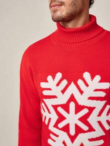 Manfinity Homme Tricot de Noël pour hommes avec motif de famille de dessin animé. Tricot col roulé à manches longues avec motif de flocons de neige, style décontracté. Top assorti pour couple en automne/hiver, flocons de neige rouges. Parfait pour les fêtes de Noël, excellent cadeau pour les petits amis ou les maris. - Multicolore - Voir 3