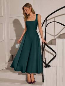 EURMUSE Women's Solid Color Square Neck Sleeveless Elegant Long Dress - Green - View 4
