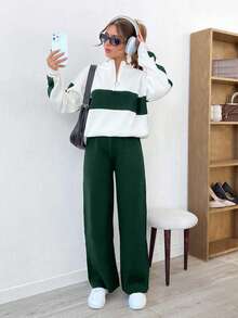 Women Half Zip Black Stripes Detailed Sweater And Sweater Pant 2 Pieces Set Co-Ords - Dark Green - View 7
