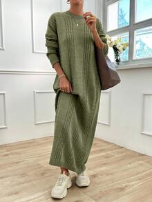 SHEIN 休闲宽松纯色长袖女式麻花图案毛衣裙 - 薄荷綠 - 查看 7