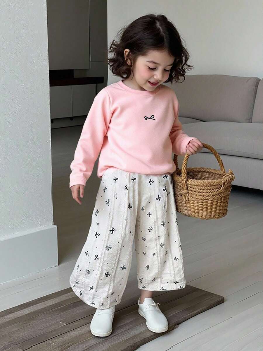 SHEIN 2pcs Baby Girls Elegant Fitted Bow Decor Round Neck Long Sleeve Top And Jacquard Butterfly Straight Leg Pants Set, Spring/Autumn - Pink - View 1