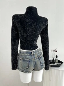 Elamini 1pc Women's Black Sweatshirt, Skin-Friendly Cotton Fabric, Stand Collar, Double-Zipper, Slim Fit Long Sleeve, Casual & Minimalist, Spring/Autumn - Black - View 2