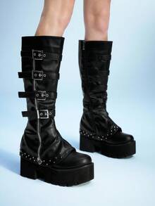 Sugerpunk 8cm Heel Women's New Buckle Strap Thick Sole Side Zipper Fashion Riding Boots - Black - View 2