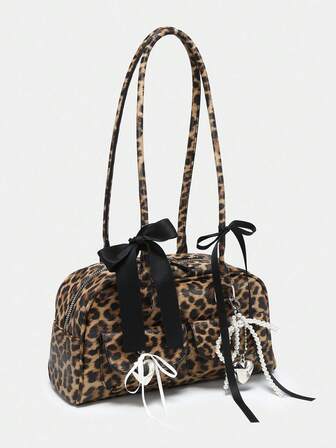 Goth Women's Vintage Cute Plaid Bowknot Pearl Chain Strap Decor Cherry Heart Accent Shoulder Underarm Tote Bag With Multi Pockets, Boston Style